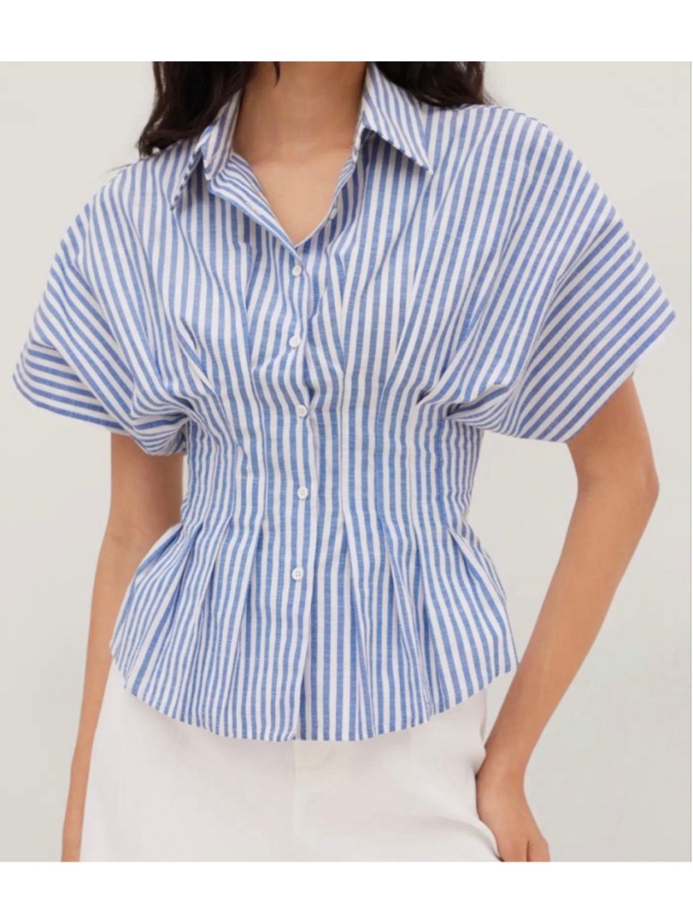 Cider COTTON-BLEND COLLAR STRIPE PLEATED CINCHED WAIST SHIRT blue and white 0X